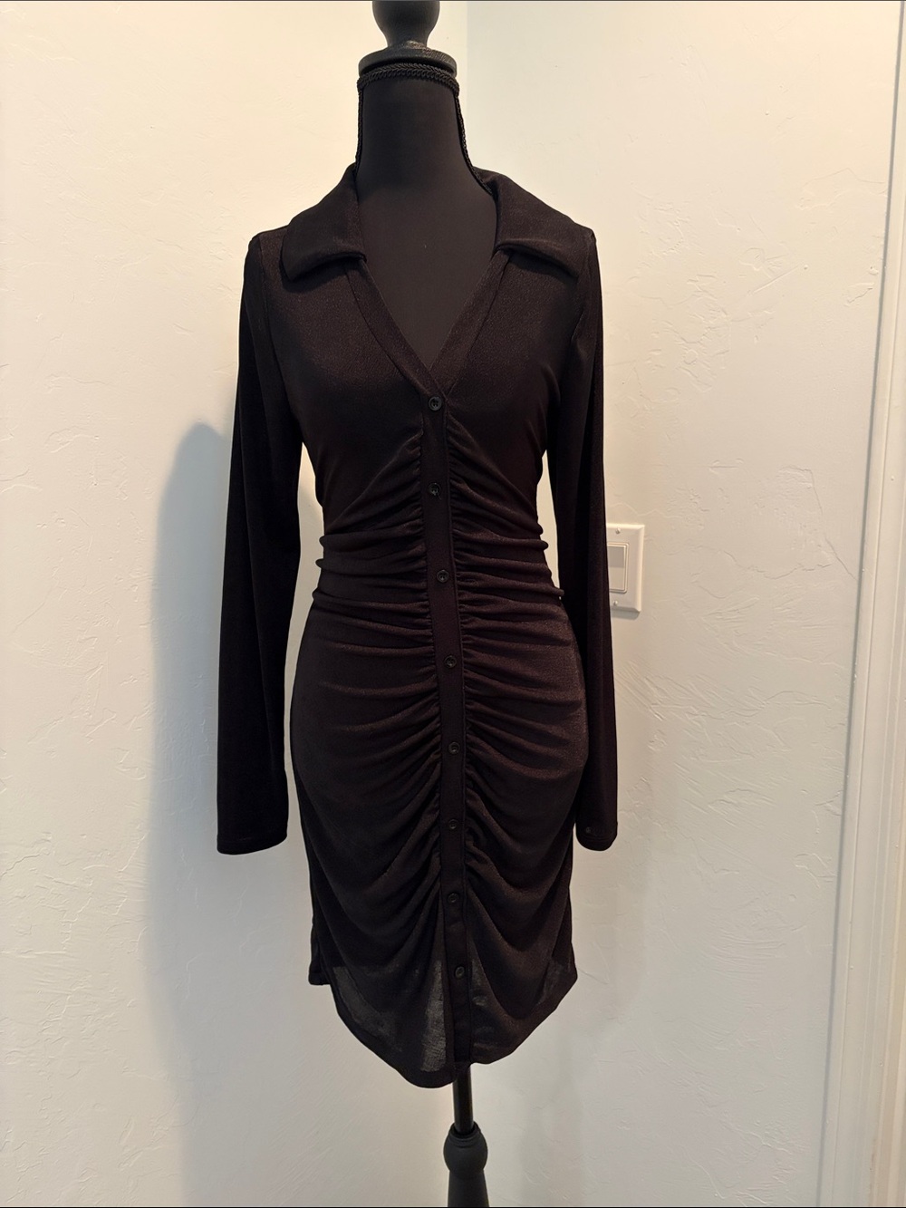 Long-Sleeve Black Ruched Button-Front Dress